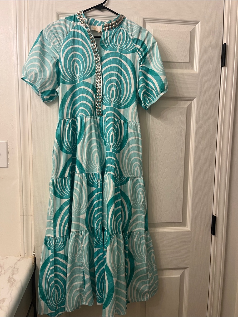 Women's Teal Patterned Tiered Dress with Embellished Neckline